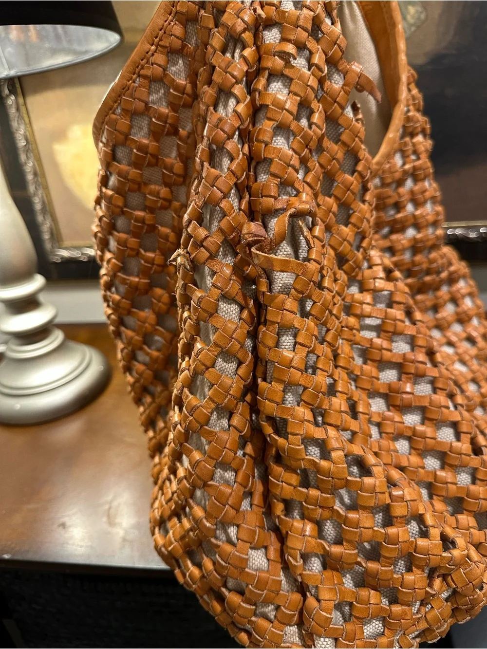 Marta Ponti Woven Quiet Luxury Bag Woven Leather Hobo Bag in Cognac